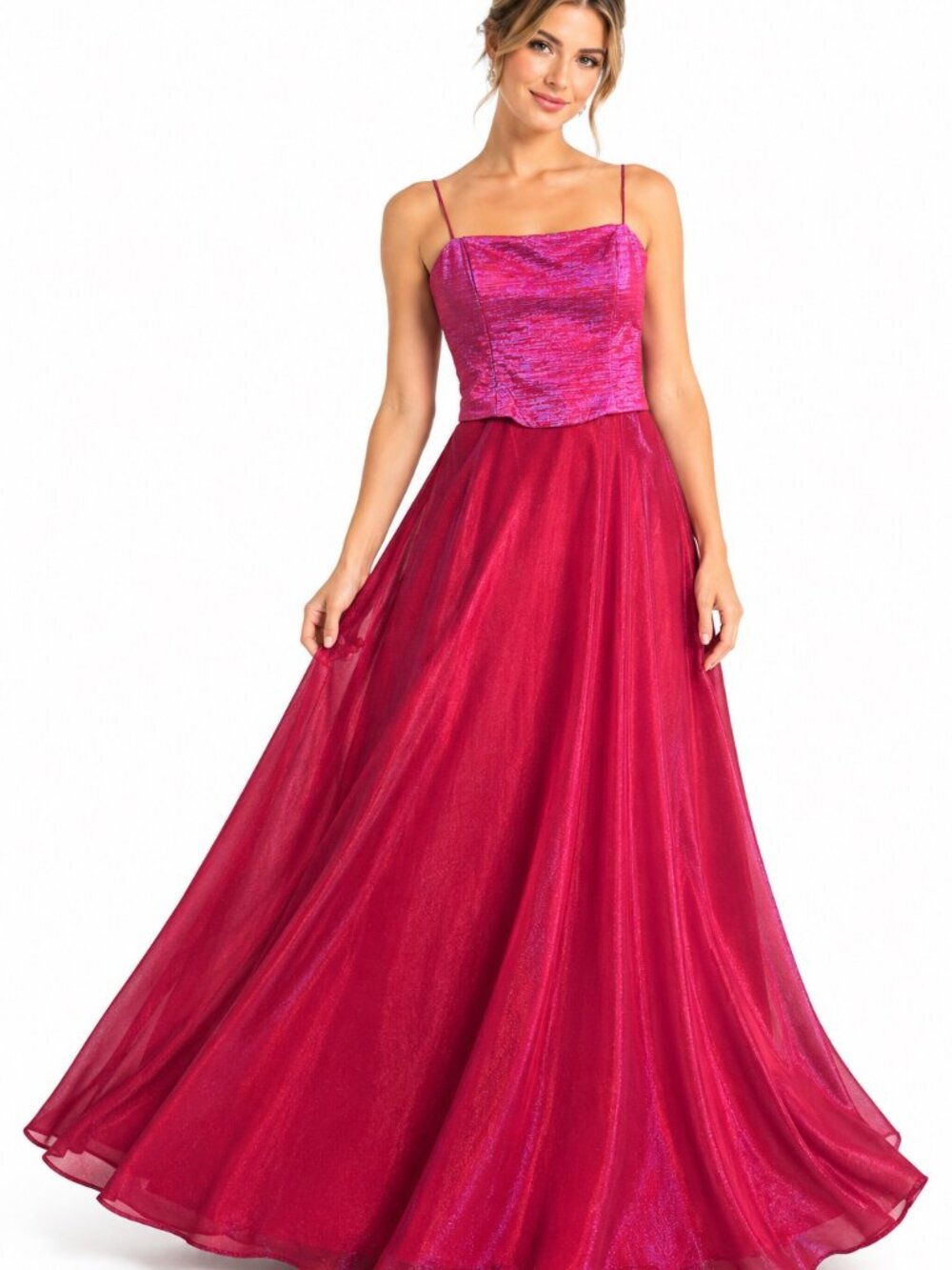 Betsy & Adam Women's 10 Fuchsia Pink Shimmer Maxi Dress Spaghetti Strap Color